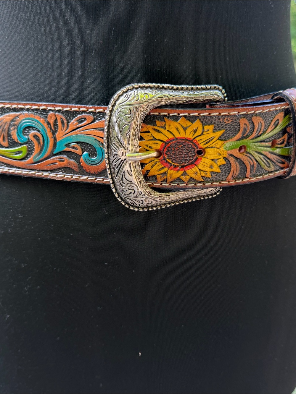 Handpainted Sunflower Leather Belt with Floral Tooled Design